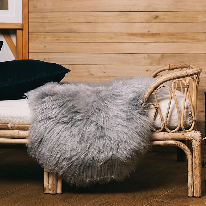 Sheepskin Long Hair 2x3 ft | Bedside Rugs for bedrooms, Sofa, Chair or The Dining Table | Each Sheepskin Rug is Unique and Created by Nature | Small Fluffy Rug in Color Light Grey