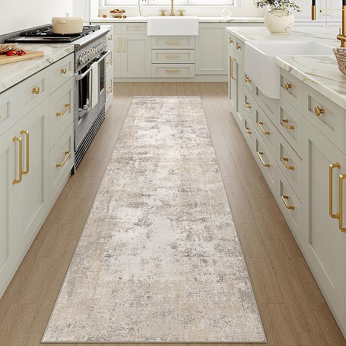 2x10 Washable Runner Rug Beige Grey Abstract Hallway Kitchen Throw Rug Neutral Modern Non Slip Soft Low Pile Carpet for Bathroom Laundry Bedroom Living Room