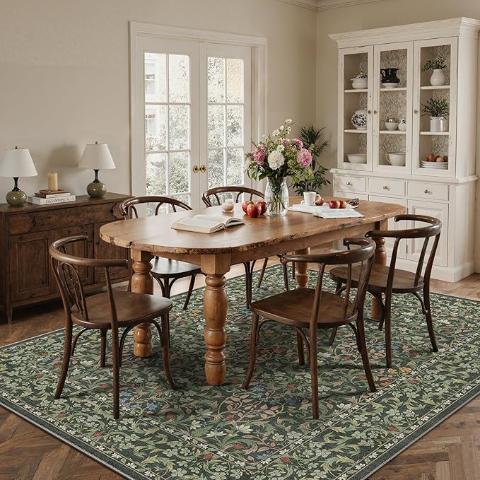 Bavni 6x9 Area Rugs for Living Room, Floral Rug Machine Washable Non Slip, Vintage Boho Forest Carpet, Soft Low Pile Thin Lightweight Rugs for Bedroom, Farmhouse, Dining Room Office, Emerald Green