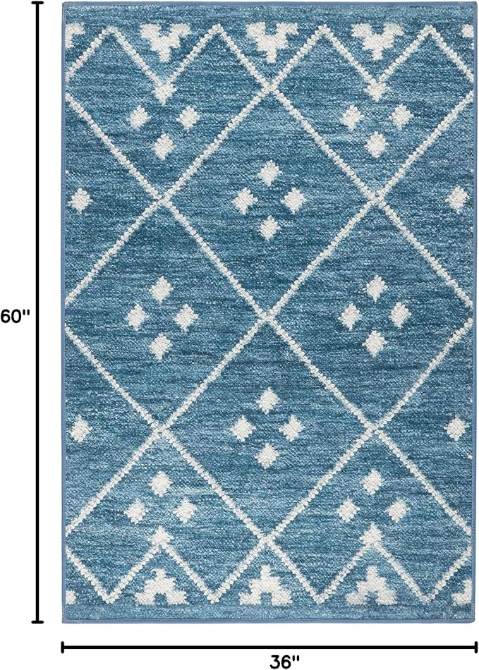 Dash and Albert Kota Machine Washable Area Rug - 3' x 5' Indigo - Diamond Accent Rug - Anti-Slip Backing, Lightweight, Machine Washable, High Traffic Areas Kitchen, Mudroom, Laundry Room