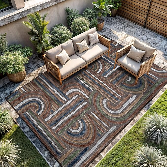 CAMILSON Indoor Outdoor Rug, Brown 8x10 Geometric Arch Striped Area Rugs for Patio and Home Areas, Easy-Cleaning Non-Shedding Living Room, Garden and Deck Washable Outside Carpet (8 x 10)