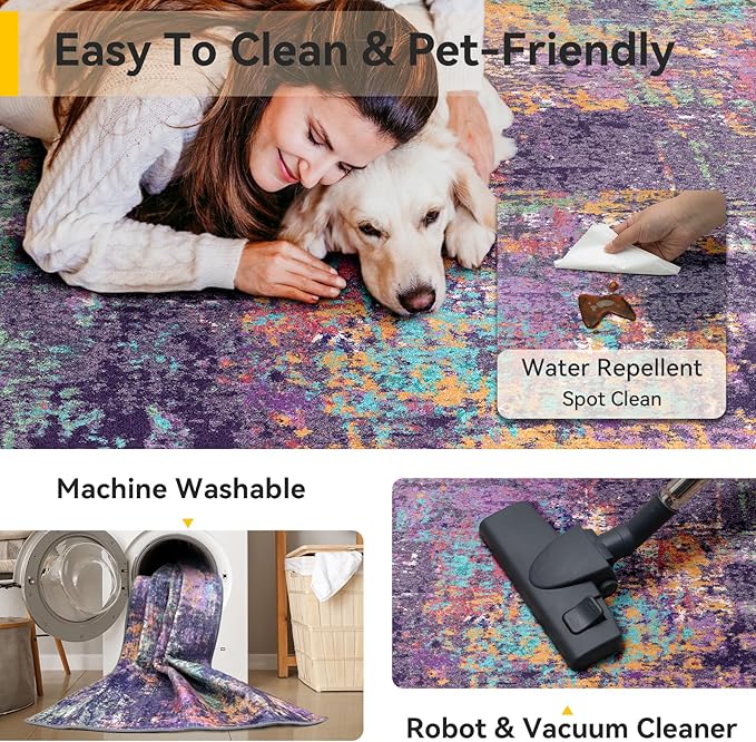 Washable Area Rugs 4'x6' Non-Slip Modern Abstract Soft for Living Room Entryway Bedroom Nursery, Print Pattern, Purple Orange Blue Green Rust Red Colorful