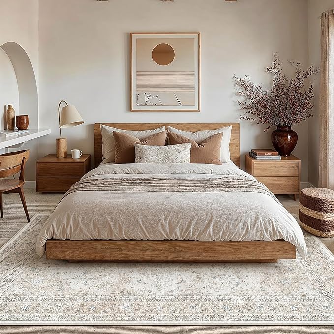 6x9 Washable Vintage Area Rug for Living Room Bedroom Beige Grey Soft Tranditional Non Slip Large Throw Rug Lightweight Floral Low Pile Distressed Carpet Office Playroom Dinning Laundry Room