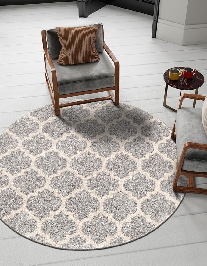 Rugs.com Lattice Collection Rug – 8 Ft Round Light Gray Medium-Pile Rug Perfect for Kitchens, Dining Rooms