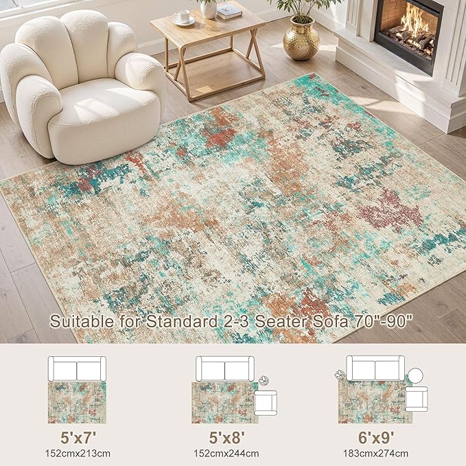 6x9 Christmas Area Rug Living Room Rugs - Washable Neutral Modern Abstract Soft Thin Large Rug Indoor Floor No Slip Rug Carpet for Bedroom Under Dining Table Home Office Decor - Colorful