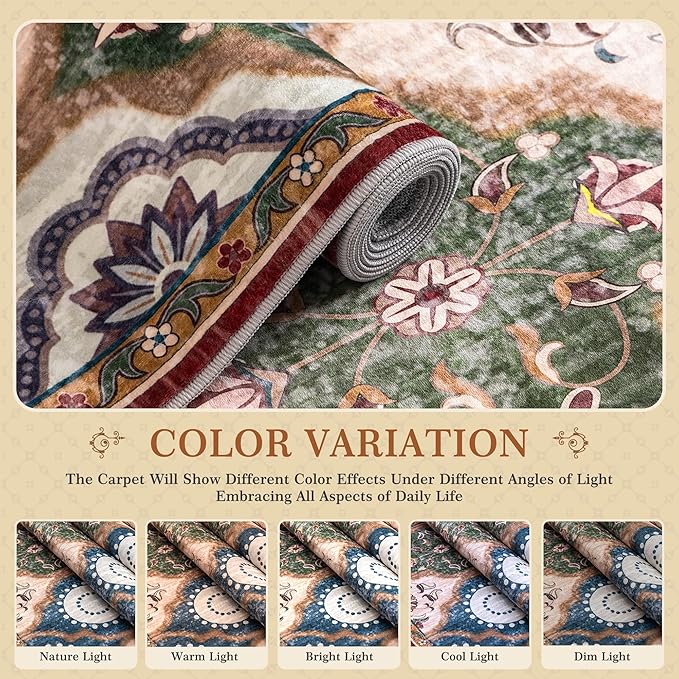 EnHomee Area Rugs 5x7, Soft Washable Rugs for Living Room Bedroom, Boho Non Slip Low Pile Stain Resistant Washable Rug Large Carpet for Dining Room,Easy to Clean Living Room Rug, Red & Green