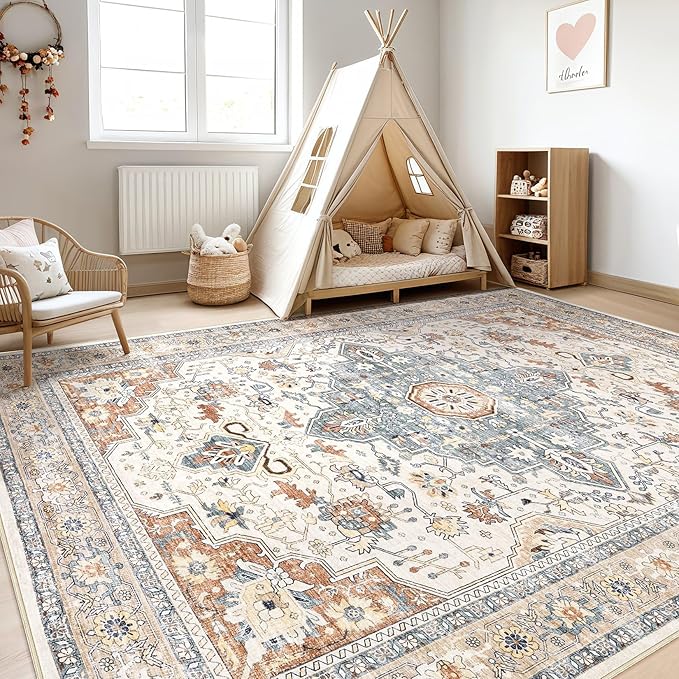 8x10 Area Rugs Living Room: Washable Boho Large Neutral Vintage Soft Rug Stain Resistant Distressed Farmhouse Non-Slip Indoor Floor Carpet for Bedroom Nursery Kids Office Dining Room- Beige Blue