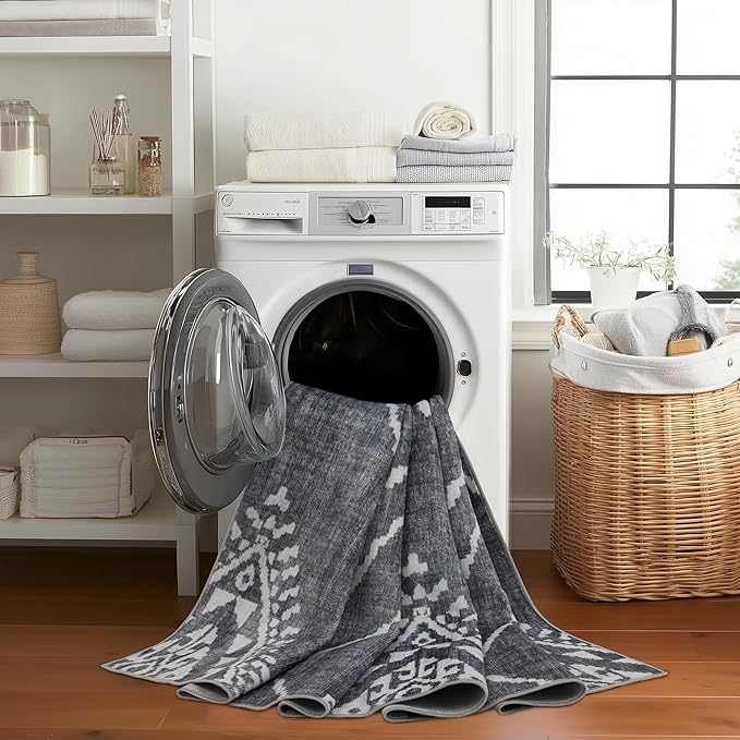 ReaLife Rugs Machine Washable Area Rug Runner - Living Room Bedroom Bathroom Kitchen Entryway Office - Padded Low Pile Stain Resistant Premium - Moroccan Diamond Tribal - Jax - Gray 2'6" x 6'