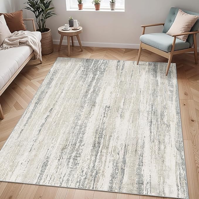 MUJOO Washable Rug 4x6.5,Modern Abstract Area Rugs for Bedroom Living Room Office Playroom,Small Non Slip Throw Carpet Indoor,Low Pile Accent Neutral Beige and Grey