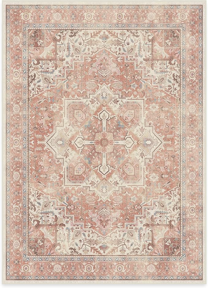 RUGGABLE Washable Area Rug – Kamran Rose Pink 5x7, Stain-Resistant, Non-Slip – Medium Machine Washable Rugs for Living Room, Bedroom, Hallway, Entryway & Office–with Cushioned Pad
