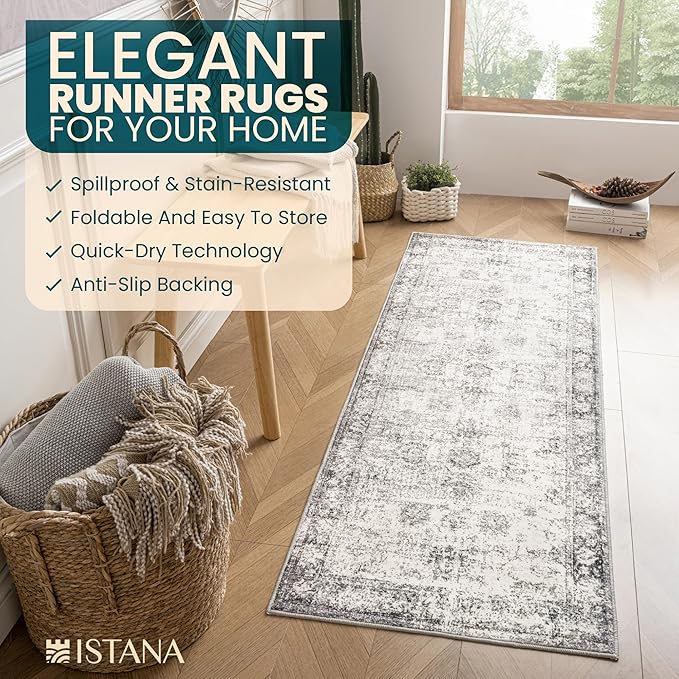 Istana Hallway Runner Rug 2.5x8 – White Cream/Grey Entryway Rug -Silk's Soft Touch Runners for Hallways - Stylish Kitchen Runner Rug Non Slip