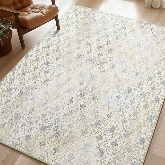 Phantoscope Washable Area Rug 6'x9' Non-Slip, Vintage Modern Boho Rugs for Living Room, Bedroom, Dining Room, Distressed Geometric Floral Pattern, Low-Pile Foldable Floor Carpet, Teal Floral/Beige