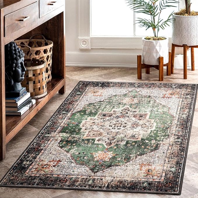 2x3 Small Rugs for Entryway, Green Boho Area Rug for Bathroom Throw Hallway Vintage Kitchen Rugs Non Slip Washable, Indoor Entrance Floor Carpet