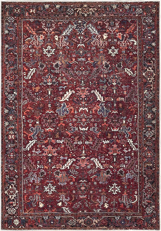 Bloom Rugs Washable Non-Slip 4' x 6' Rug - Burgundy Traditional Bordered Area Rug for Living Room, Bedroom, Dining Room, and Kitchen - Exact Size: 4' x 6'