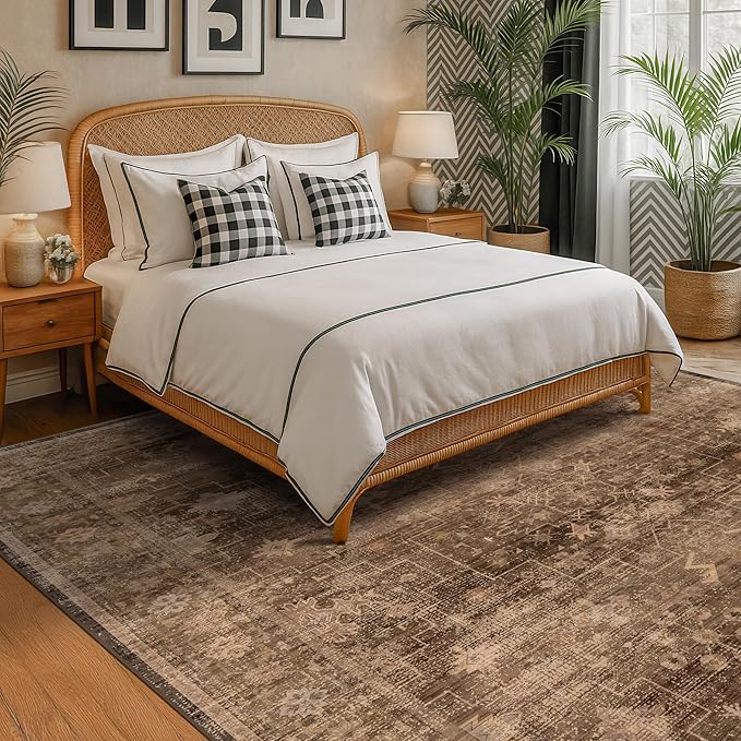 Boho Taupe Brown Living Room Rug 8x10 - Modern Vintage Traditional Eclectic Oriental Neutral, Washable Low Pile Non-Slip Extra Large Area Rugs for Dining Under Table Bedroom Lounge
