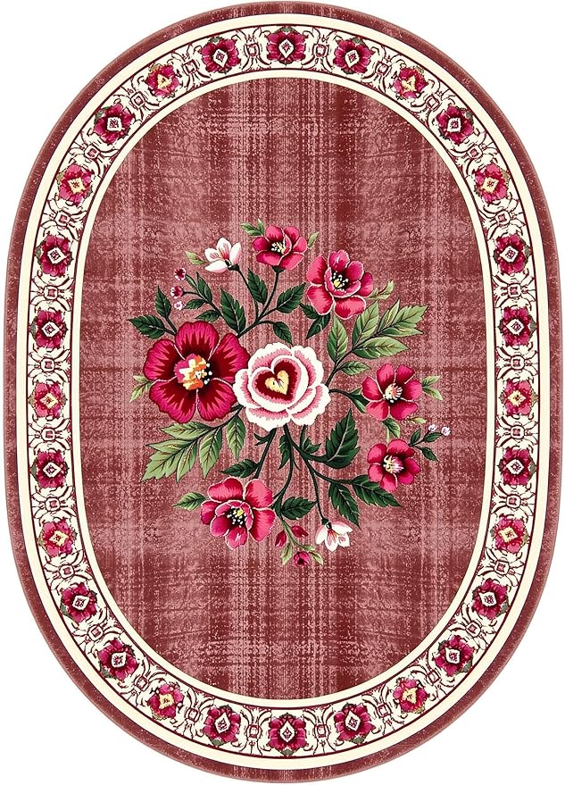 Retro Country Distressed Burgundy Green Florals Texture Bordered Rugs 10x14 for Living Room Bedroom Dining Room Soft Washable Non Skid Area Rug Guestroom Kitchen Doormats Rustic Indoor Oval Carpet