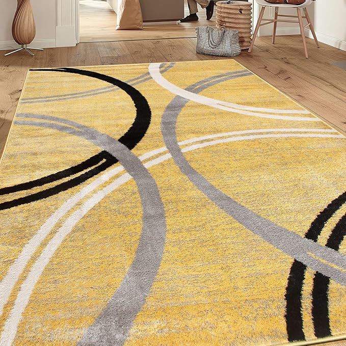 Rugshop Wavy Circles Design Area Rug, Fade-Resistant Carpet for Living Room, Bedroom, or Dining Room, Grand Room,Open Spaces Yellow, 8'8" x 12'