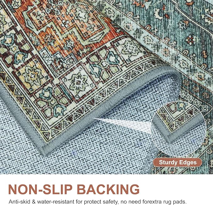 Bavni Washable Rug 8x10 Area Rug for Living Room Bedroom Dining, Washable Vintage Print Carpet, Ultra-Thin Chenille Low Pile Lightweight Rug with Non Slip Backing, Light Red/Blue