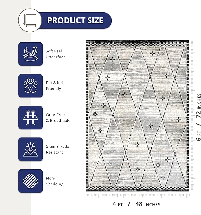 Abani Viva Cream & Grey Area Rug 4' x 6' for Living Room, Bedroom - Farmhouse Diamond Pattern - Durable & Easy to Clean