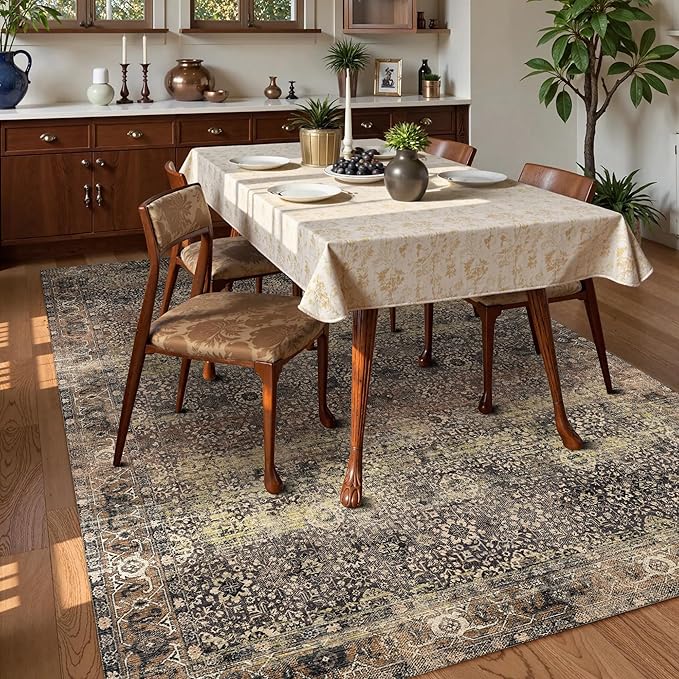 Washable Area Rug 8' x 10' Vintage Traditional Persian Mat - Foldable Distressed Non-Slip Machine Washable Carpet for Living Room Bedroom Kitchen Home Decor - Umber and Slate