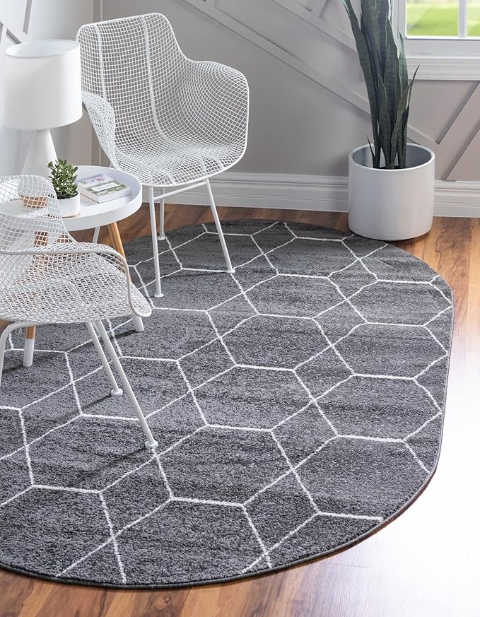 Unique Loom Trellis Frieze Collection Area Rug - Geometric (3' x 5' Oval, Dark Gray/ Ivory)