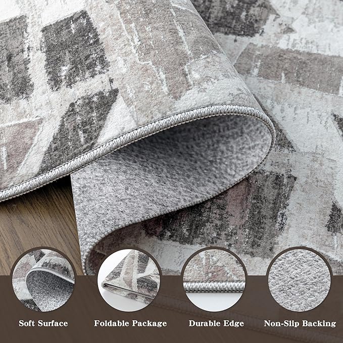 8X10 Area Rugs for Living Room Bedroom,Modern Abstract Large Carpet Washable Rugs 8x10 for Dining Room Office,Non Slip Gray Print Faux Wool Thin 8 by 10 Indoor Nursery Kids Home Pet & Child Friendly