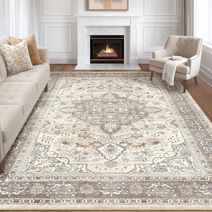 7x9 Area Rug Living Room: Washable Boho Large Neutral Vintage Soft Rugs Stain Resistant Farmhouse Non-Slip Indoor Floor Carpet for Bedroom Nursery Kids Playroom Office Dining Room- Beige Brown