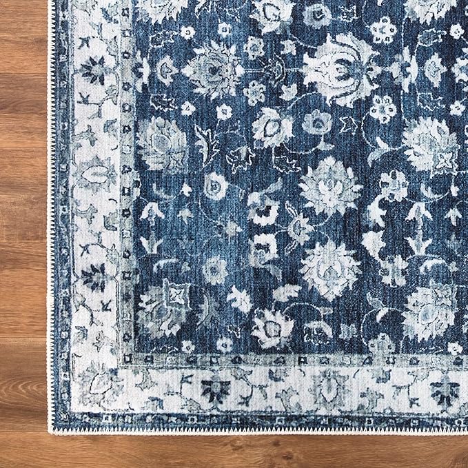 Bloom Rugs Washable Non-Slip 4' x 6' Rug - Dark Blue Traditional Bordered Area Rug for Living Room, Bedroom, Dining Room, and Kitchen - Exact Size: 4' x 6'