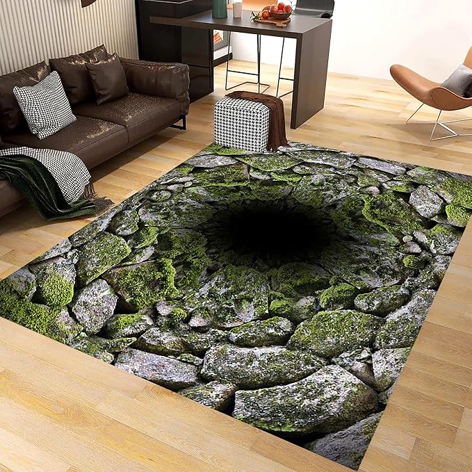 3D Hole Area Carpets, 5x7ft, Optical Illusion Design Pattern Floor Rugs, Realistic Abyss Perspective Effect Non-Shedding Playing Mat, Cozy Thin Breathable Durable Rug for Living Room