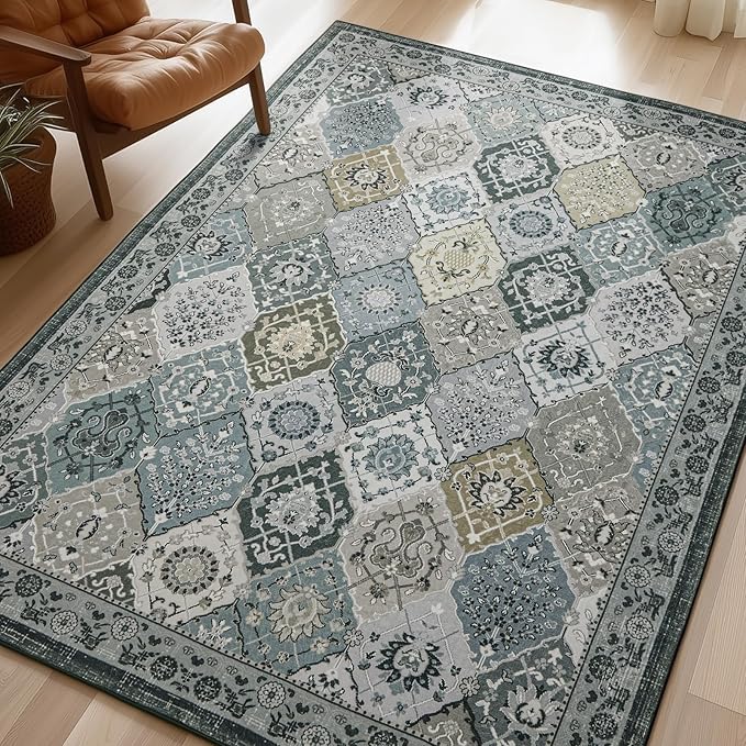 Phantoscope Washable Area Rug 6'x9' Non-Slip, Vintage Boho Rugs for Living Room, Bedroom, Dining Room, Distressed Moroccan Mosaic Diamond Pattern, Low-Pile Foldable Floor Carpet, Grey Charcoal