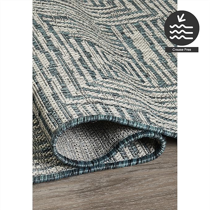 FH Home Outdoor Rug - Waterproof Easy to Clean Stain Resistant - Patio Indoor Outdoor Porch Deck Balcony Entryway - Geometric Modern - Budapest - Aqua - 7ft 8in x 9ft 8in