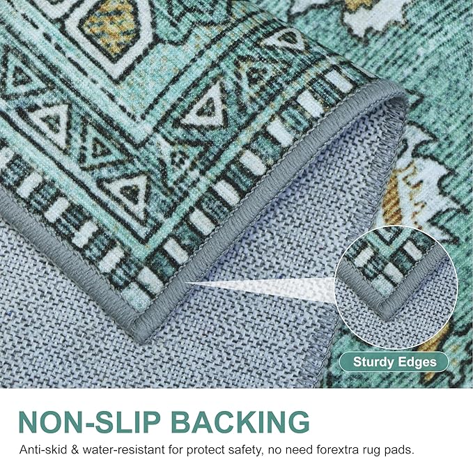 Bavni Kitchen Rug 2x7 Runner Rugs for Hallways Entryway, Washable Vintage Print Carpet, Ultra-Thin Chenille Low Pile Lightweight Rug with Non Slip Backing, Blue/Green