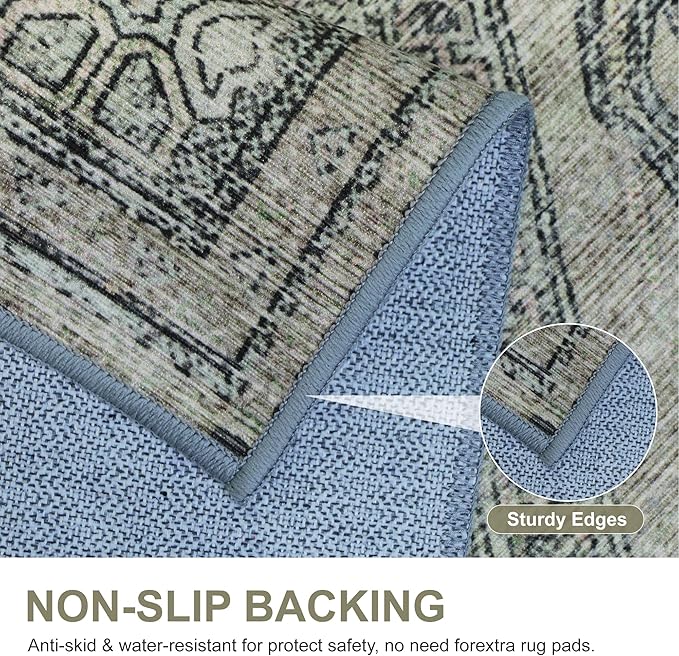 Bavni Washable Rug 8x10 Area Rug for Living Room Bedroom Dining, Washable Vintage Print Carpet, Ultra-Thin Chenille Low Pile Lightweight Rug with Non Slip Backing, Tan