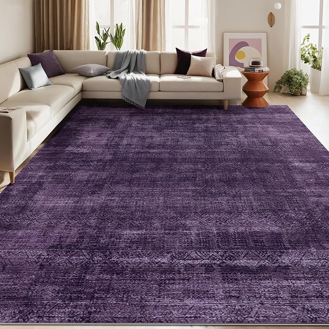 Kokia Abstract Area Rugs 8x10 Bedroom Soft Living Room Rugs Washable Distressed Vintage Comfy Carpet with Non-Slip Backing for Farmhouse Home Office Room Decor, Purple Rug, Oslo Dusty