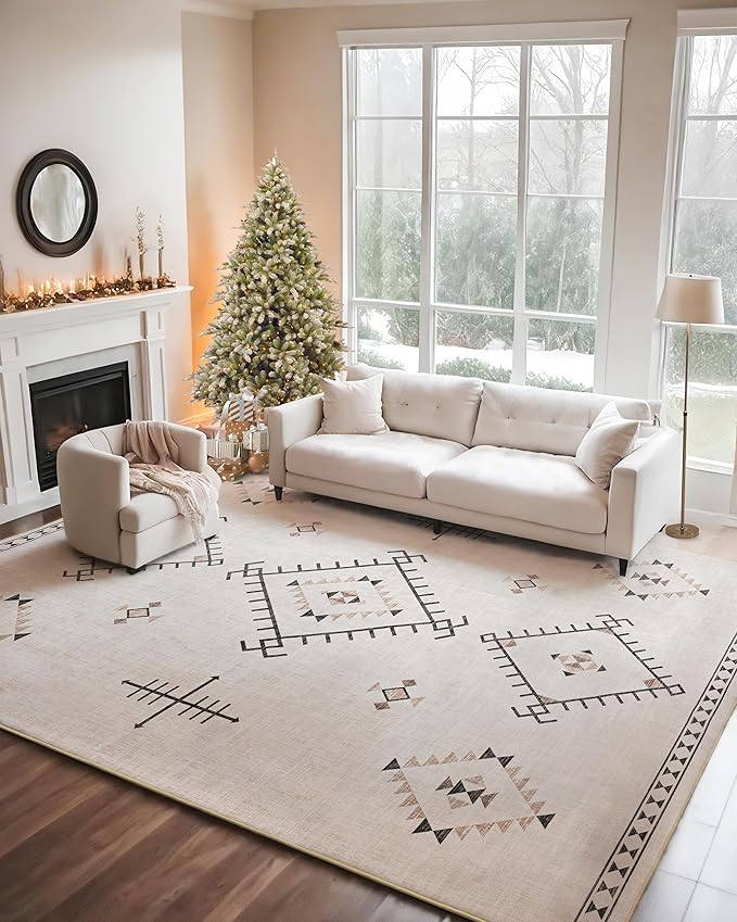 ILANGO Area Rug 5'x7' for Living Room Bedroom Washable Moroccan Boho Rugs for High Traffic Area Non Slip & Non-Shedding Rugs Fade Resistant Carpet for Kitchen Office (Beige)