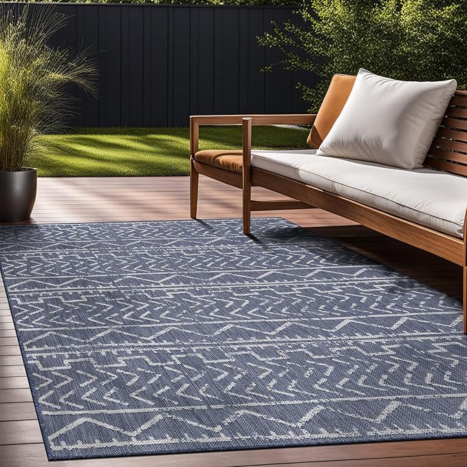 Beverly Rug Waikiki Indoor Outdoor Rug 6x9, Washable Outside Carpet for Patio, Deck, Porch, Trellis Area Rug, Water Resistant, Blue - White