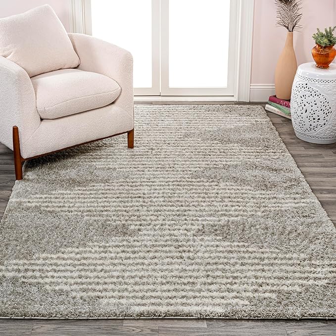 JONATHAN Y Elm Diamond Stripe Shag Gray/Ivory Indoor Area Rug, 5x8, Geometric, Bohemian, Contemporary, Easy-Cleaning for Living Room, Bedroom, Kitchen, Pet Friendly, Non-Shedding (MOH408B-5)