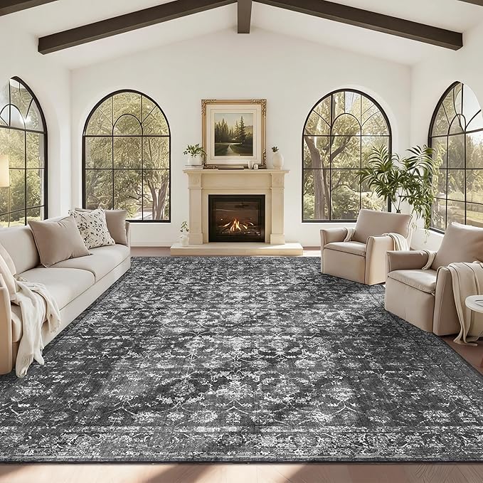 10x14 Washable Area Rugs for Living Room, Black Vintage Boho Large Rug for Bedroom Dining Room Office, Distressed Floral Floor Carpet Soft Non Slip Low Pile Farmhouse Indoor Mat