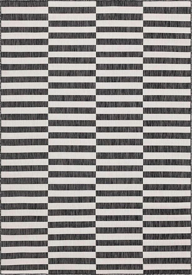 Unique Loom Outdoor Striped Collection Area Rug - Striped (7' 1" x 10' Rectangle, Charcoal/Ivory)