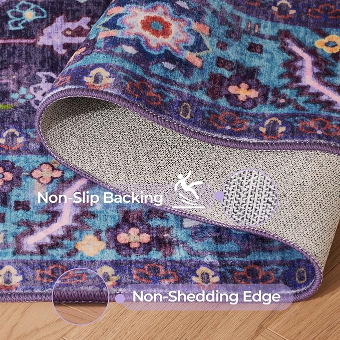 Kokia 6x9 Washable Area Rugs Violet Purple with Vintage Orient Design Soft Rug for Living Room or Home Office Non-Slip Low Pile Stain Resistance Features Distressed Medallion Pattern