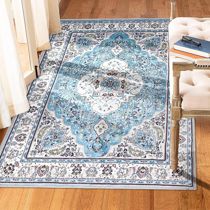 COMSLE Area Rug 4x6 Faux Wool Rugs for Kitchen, Boho Washable Throw Rugs Non-Slip Distressed Carpet Soft Accent Floor Rug for Bedroom, Living Room, Laundry Room (Light Blue)