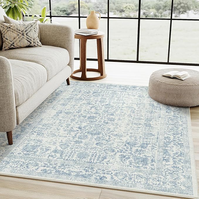 Blue Area Rug 3x5 Office Entryway Rug Machine Washable Kitchen Vintage Distressed Non Slip Carpet Indoor Retro Floral Accent Throw Door Mat for Bathroom Bedroom Dining Living Room