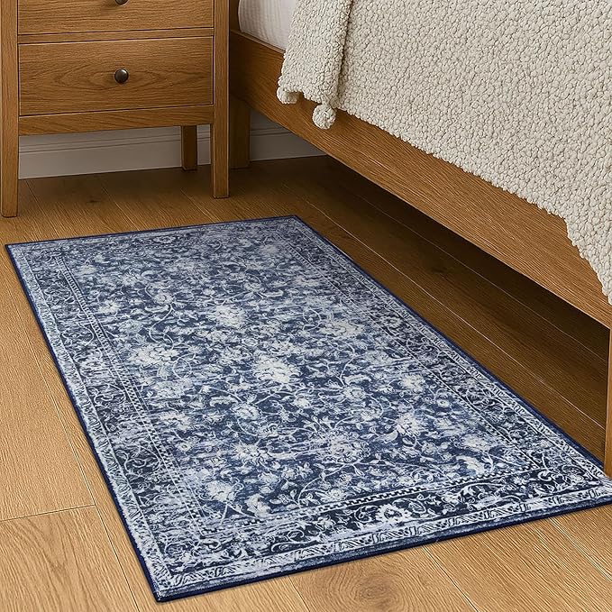 KILOCOCO Washable Rug 2x3 Rug for Entryway Printed Vintage Floral Soft Non-Slip Blue Kitchen Rugs Indoor Door Mat, Small Accent Throw Rugs for Laundry Room Bedroom Entrance