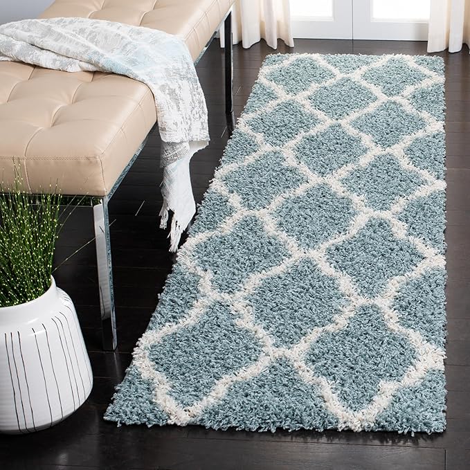 SAFAVIEH Dallas Shag Collection Runner Rug - 2'3" x 10', Seafoam & Ivory, Trellis Design, Non-Shedding & Easy Care, 1.5-inch Thick Ideal for High Traffic Areas in Living Room, Bedroom (SGD257C)