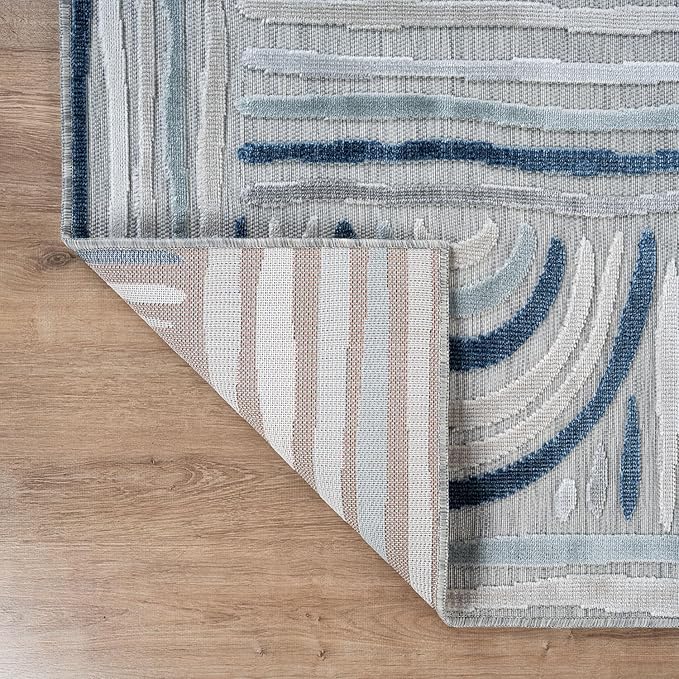 CAMILSON Indoor Outdoor Rug, Blue 8x10 Geometric Arch Striped Area Rugs for Patio and Home Areas, Easy-Cleaning Non-Shedding Living Room, Garden and Deck Washable Outside Carpet (8 x 10)