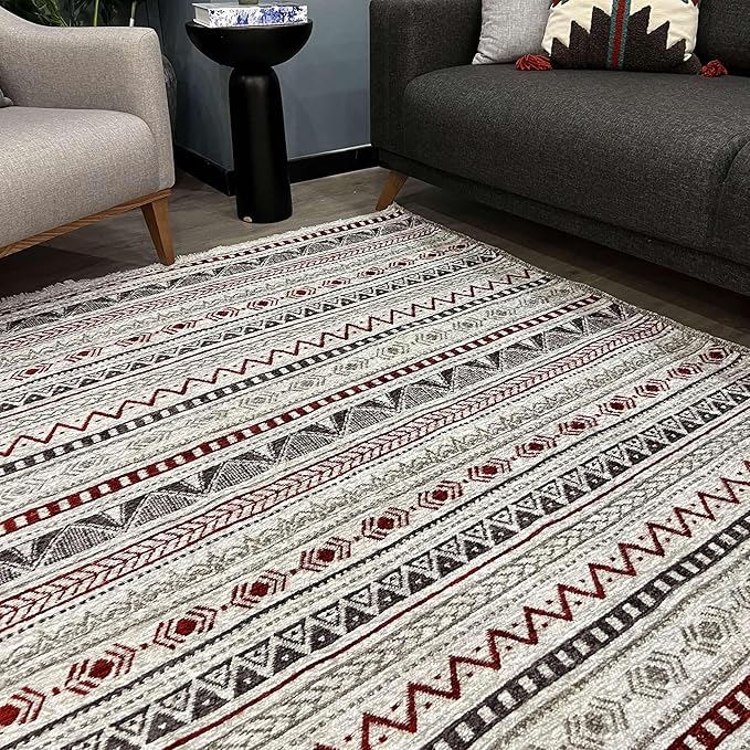 Alfa Rich 5x8 Red Burgundy White Gray Washable Area Rugs for Living Room Bedroom Kitchen Cotton Rug