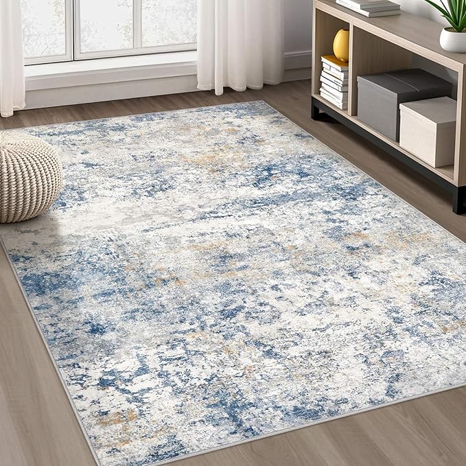 Area Rug Living Room Rugs - 9x12 Abstract Large Soft Indoor Washable Rug Neutral Modern Low Pile Carpet for Bedroom Dining Room Farmhouse Home Office - Blue