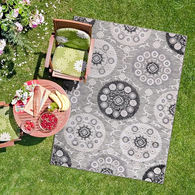 CAMILSON Indoor Outdoor Rug 10x14 Bohemian Medallion Floral Area Rugs for Indoor and Outdoor Patios Easy-Cleaning Non-Shedding Living Room Garden and Kitchen Washable Outside Carpet (10 x 14 / Gray)
