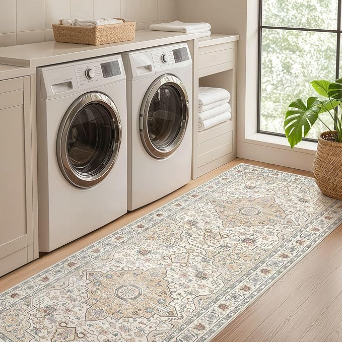 Runner Rug Kitchen Washable Rugs: 3x8 Non-Slip Boho Soft Vintage Stain Resistant Indoor Floor Neutral Farmhouse Throw Carpet for Hallway Bathroom Laundry Room Entryway Bedroom- Cream