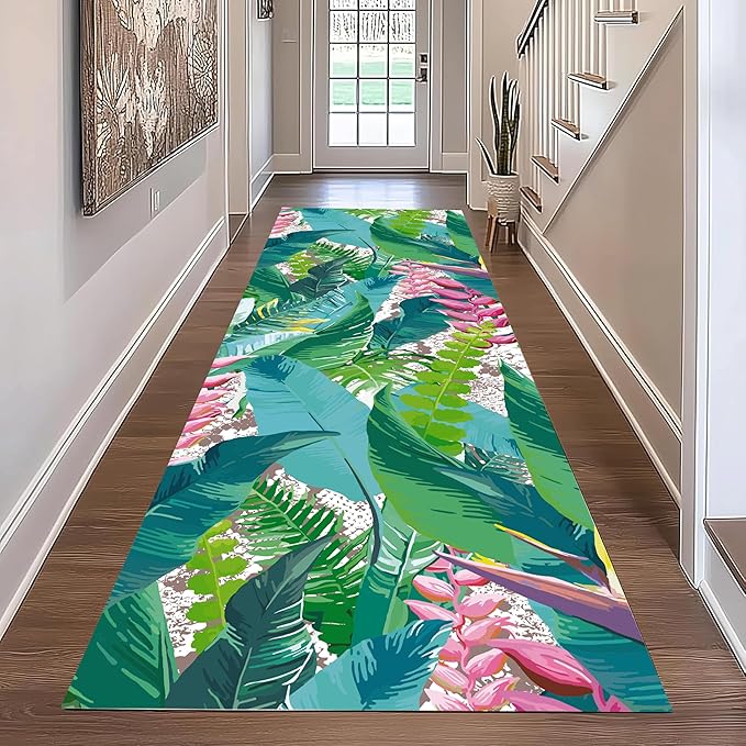 Tropical Rug Runner 4x10ft - Non-Slip Durable Floral Leaf Pattern Carpet for Hallway, Stairs, Entryway, Easy Clean Floor Decor